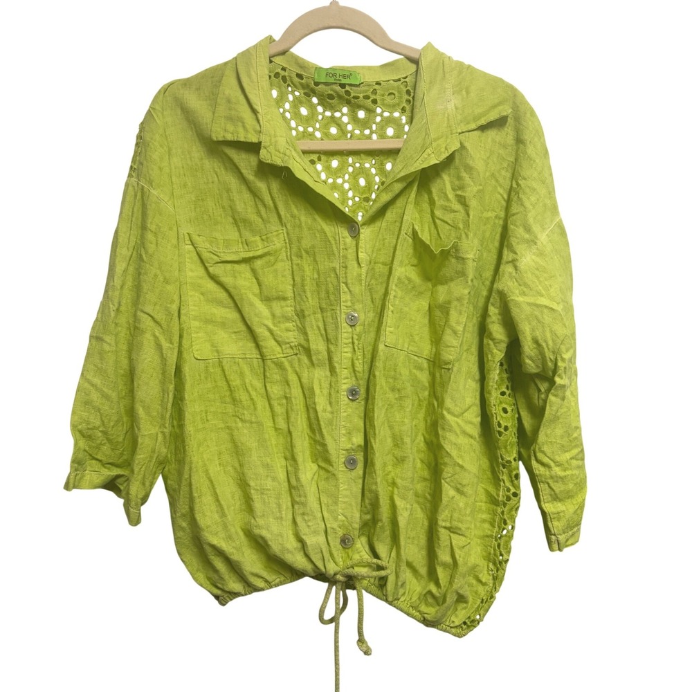 For Her Paris‎ Eyelet Lace Back Chartreuse Cotton Linen Blend Button Up Top OS